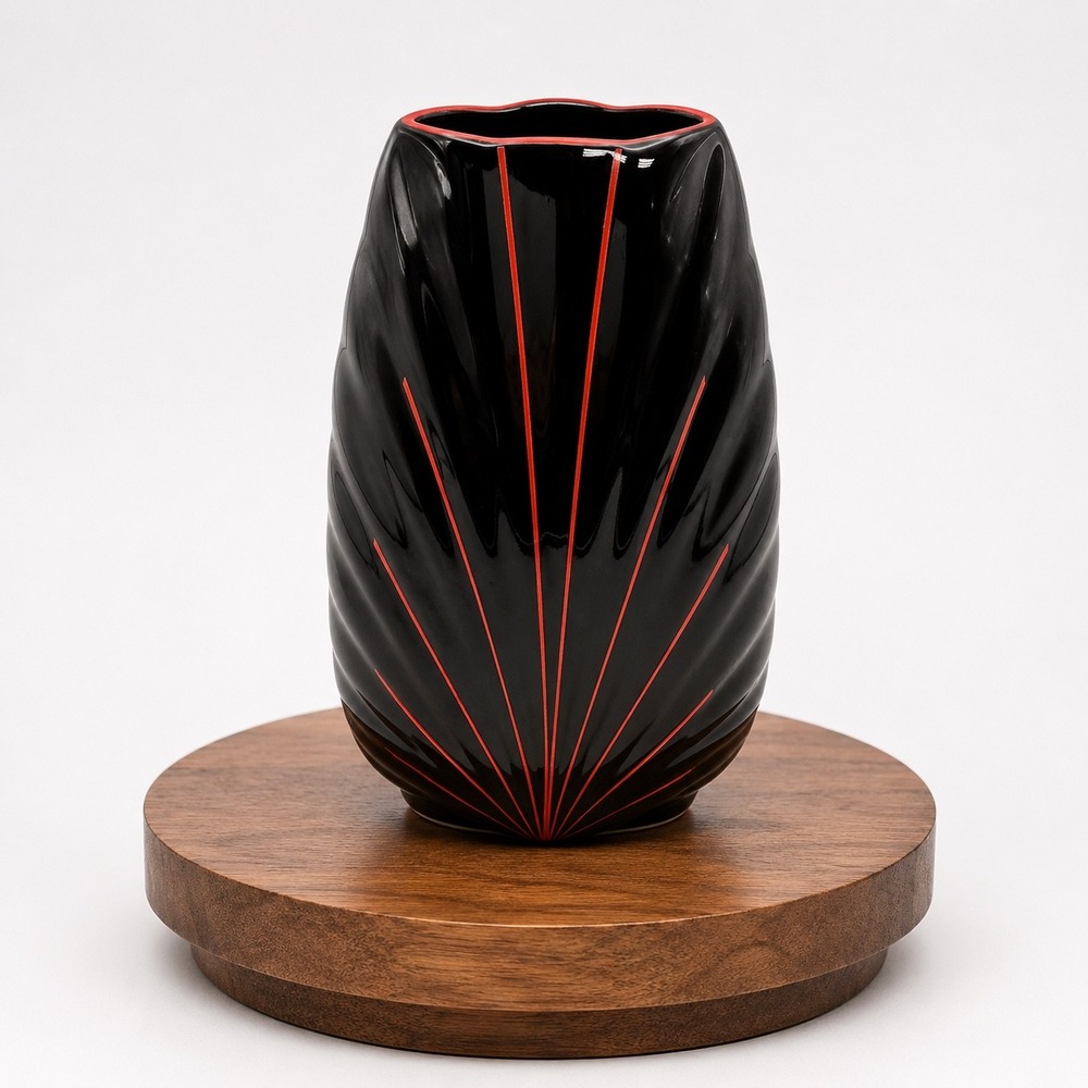 Seizan Japan Black Red Art Deco Sunburst Ceramic Vase Scalloped Scuptural 8in